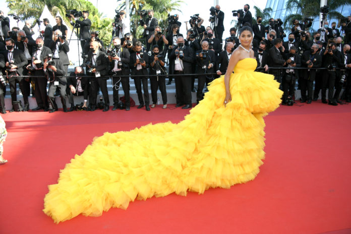 Farhana Bodi wearing Atelier Zuhra at the opening ceremony, 2021 Cannes Film Festival.